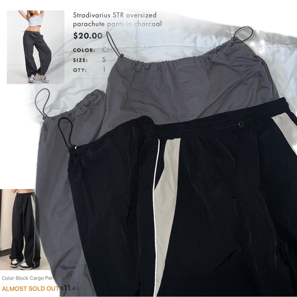Color Block Parachute Pants in Black & Cotton Parachute Pants in Charcoal